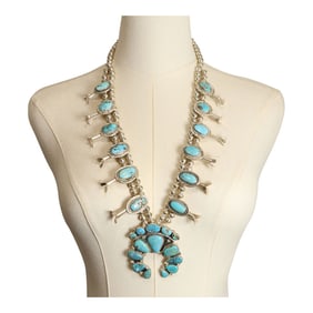 Vintage Navajo Nevada Turquoise Squash Blossom Necklace