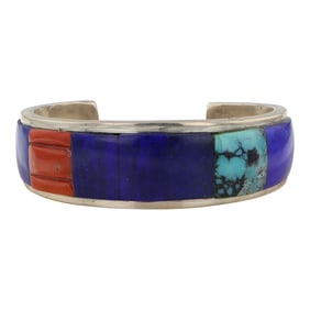 Roger Tsabetsaye Award Winning Master Zuni Artist Lapis Turquoise & Mediterranean Coral Inlay Cuff
