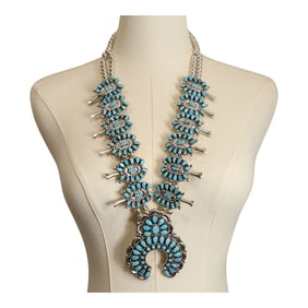 Victor Moses Begay Navajo Kingman Turquoise Cluster Squash Blossom Necklace