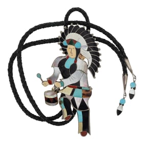 Jonathan Beyuka Vintage Award Winning Zuni Artist 1970's Inlay Drummer Bolo Tie & Pin Set