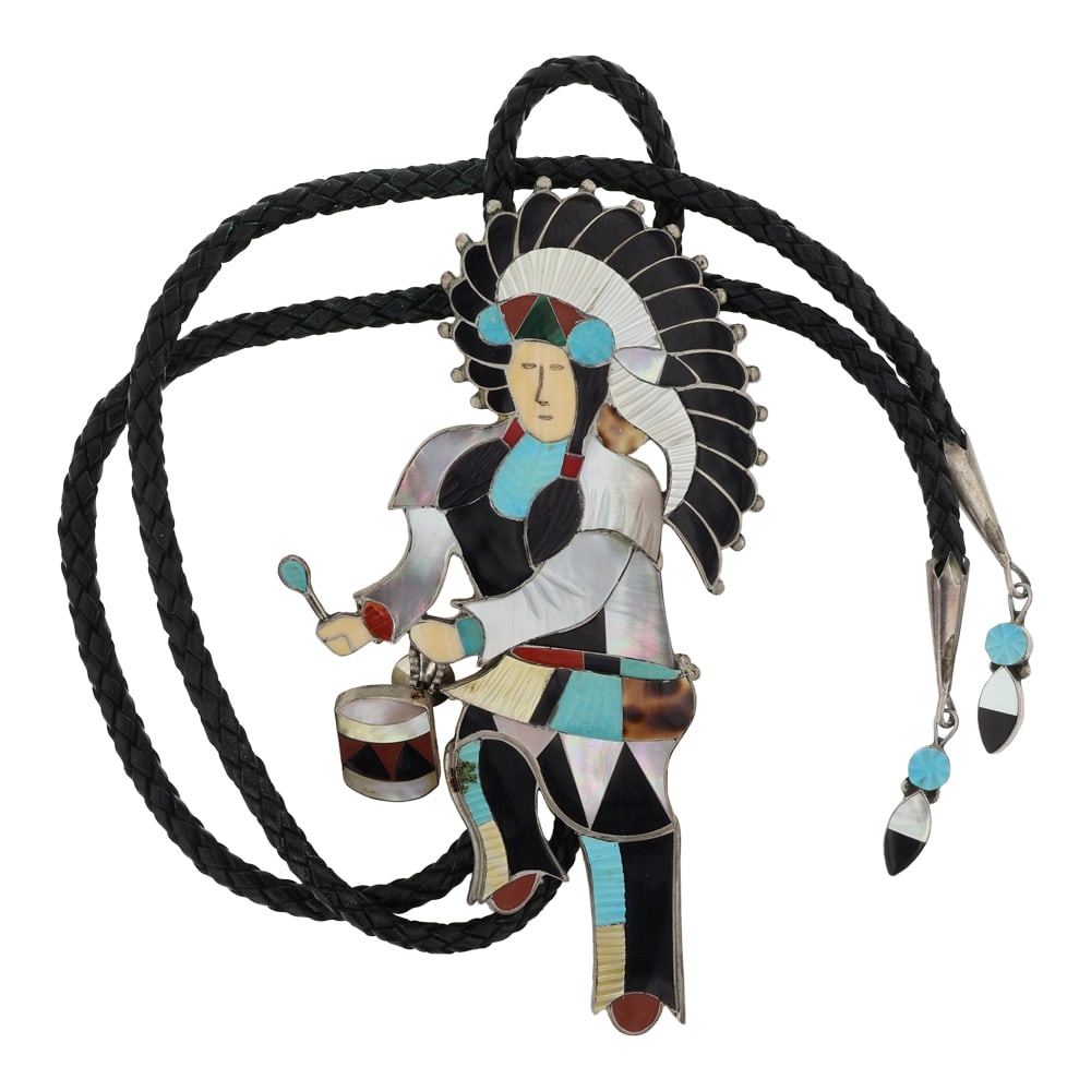 Jonathan Beyuka Vintage Award Winning Zuni Artist 1970's Inlay Drummer Bolo Tie & Pin Set