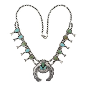 Ray Bennett Navajo Nevada Turquoise Squash Blossom Necklace