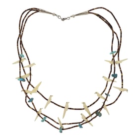 Vintage Zuni Turquoise Mother of Pearl & Shell Heishi Three Strand Bird Fetish Necklace