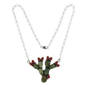 Lenora Begay Navajo Sonoran Gold Turquoise & Mediterranean Coral Prickly Pear Necklace