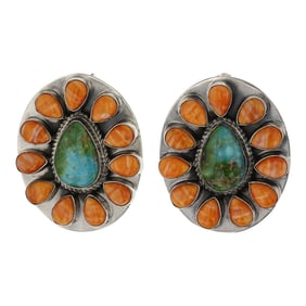 Chris Charley Navajo Spiny Oyster & Sonoran Gold Turquoise Cluster Earrings