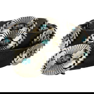 Navajo Kingman Turquoise Nickel Silver Concho Belt: Nickel Silver | Genuine Kingman Turquoise | Navajo Kingman Turquoise Nickel Silver Concho Belt | Navajo Native American Southwest Indian Jewelry | Good (no breaks or damages) | Approximate Weight: 199