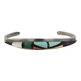 Vintage Zuni Turquoise Malachite Mother of Pearl Jet & Shell Inlay Bracelet
