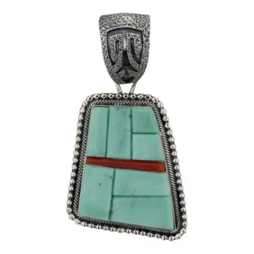 Daniel Benally Navajo Turquoise & Coral Cobblestone Inlay Pendant