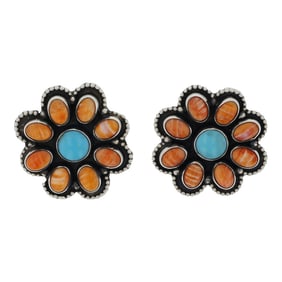 Rena Shelly Navajo Turquoise & Spiny Oyster Cluster Earrings