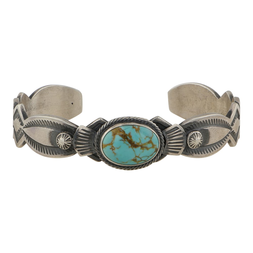 Ray Chee Navajo Nevada Turquoise Stamp-Work Cuff Bracelet (1 of 4)
