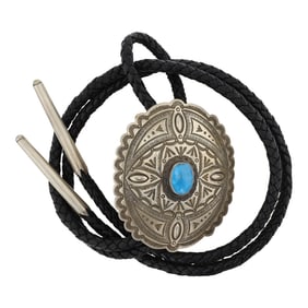Herman Smith Navajo Blue Gem Turquoise Revival Stamp-Work Bolo Tie