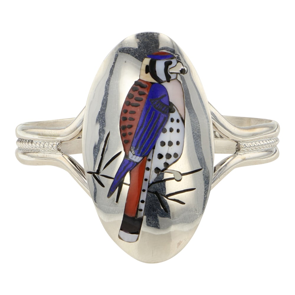 Quintin Quam Sr. Award Winning Zuni Artist Coral Lapis Mother of Pearl Acoma Jet & Shell Inlay Bird: Sterling Silver | Genuine Coral, Lapis, Mother of Pearl & Shell | Quintin Quam Sr. Award Winning Zuni Artist Coral Lapis Mother of Pearl Acoma Jet & Shell Inlay Bird Bracelet | Zuni Native American So