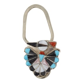 Zuni Turquoise Coral Mother of Pearl Jet & Shell Inlay Thunderbird Key Chain