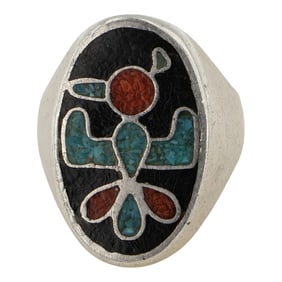 Vintage Navajo Turquoise & Coral Chip Inlay Men's Ring