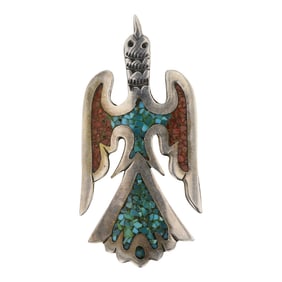 Vintage Navajo Turquoise & Coral Chip Inlay Water Bird Pin