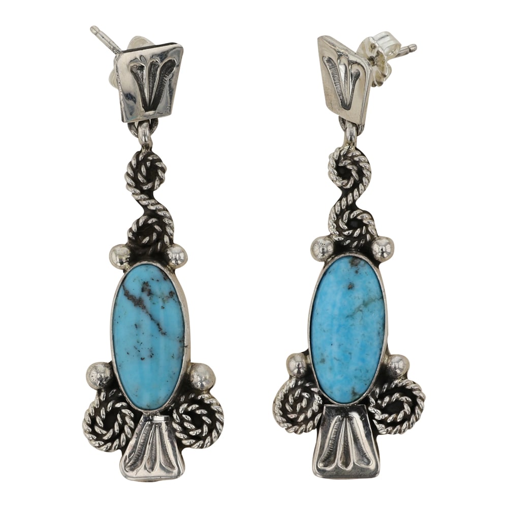 Navajo Compitos Turquoise Earrings: Sterling Silver | Genuine Compitos Turquoise | Navajo Compitos Turquoise Earrings | Navajo Native American Southwest Indian Jewelry | Good (no breaks or damages) | Approximate Weight: 8 Grams | Earrin