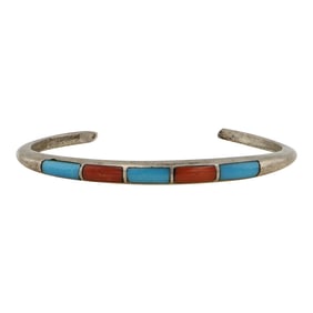 Vintage Zuni Turquoise & Coral Inlay Cuff Bracelet