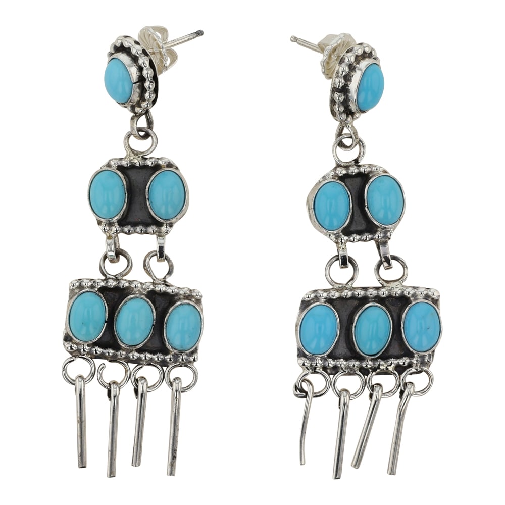 Juanita McDonald Kingman Turquoise Chandelier Earrings: Sterling Silver | Genuine Kingman Turquoise | Juanita McDonald Kingman Turquoise Chandelier Earrings | Navajo Native American Southwest Indian Jewelry | Good (no breaks or damages) | Approximate Weigh
