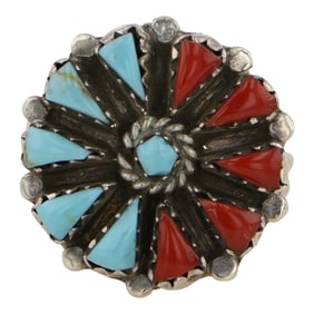 Vintage Zuni Turquoise & Coral Cluster Ring