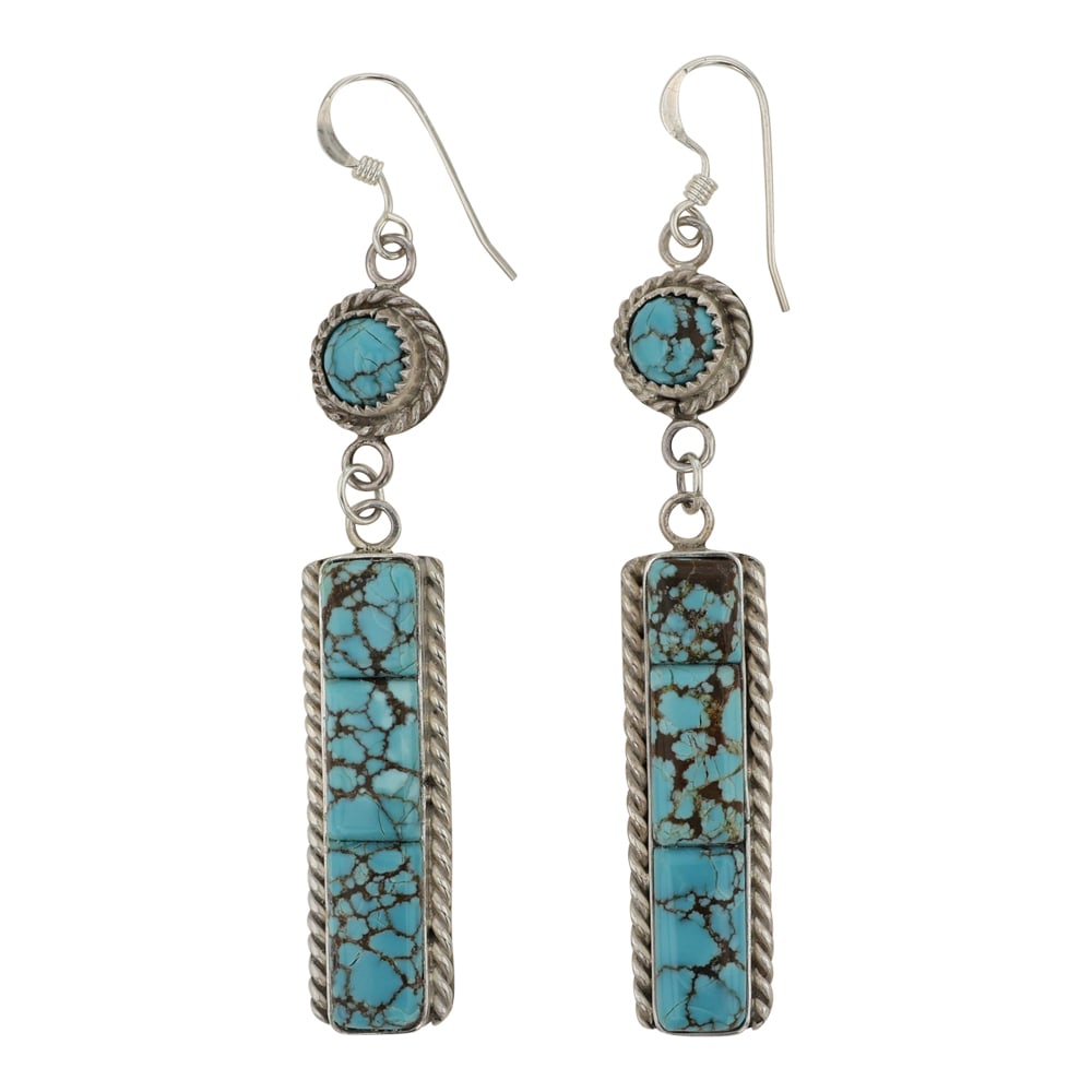 Navajo Number Eight Turquoise Cobblestone Inlay Earrings: Sterling Silver | Genuine Number Eight Turquoise | Navajo Number Eight Turquoise Cobblestone Inlay Earrings | Navajo Native American Southwest Indian Jewelry | Good (no breaks or damages) | Approximat