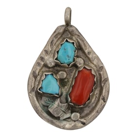 Vintage Zuni Turquoise & Coral Pendant
