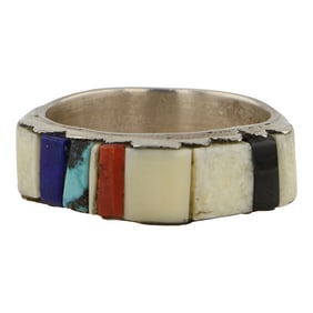 Vintage Hopi Turquoise Coral Lapis & Shell Inlay Ring