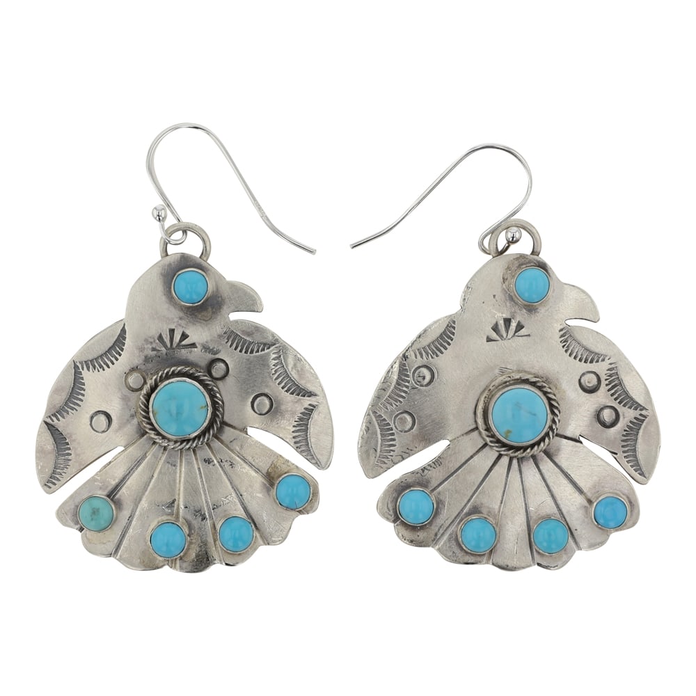 Cordell Platero Navajo Kingman Turquoise Thunderbird Earrings: Sterling Silver | Genuine Kingman Turquoise | Cordell Platero Navajo Kingman Turquoise Thunderbird Earrings | Navajo Native American Southwest Indian Jewelry | Good (no breaks or damages) | Approximat