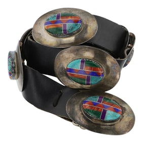 Vintage Navajo Turquoise Coral Lapis Malachite & Shell Inlay Concho Belt