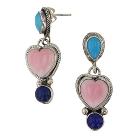 Randy Billy Navajo Turquoise Lapis & Pink Conch Earrings