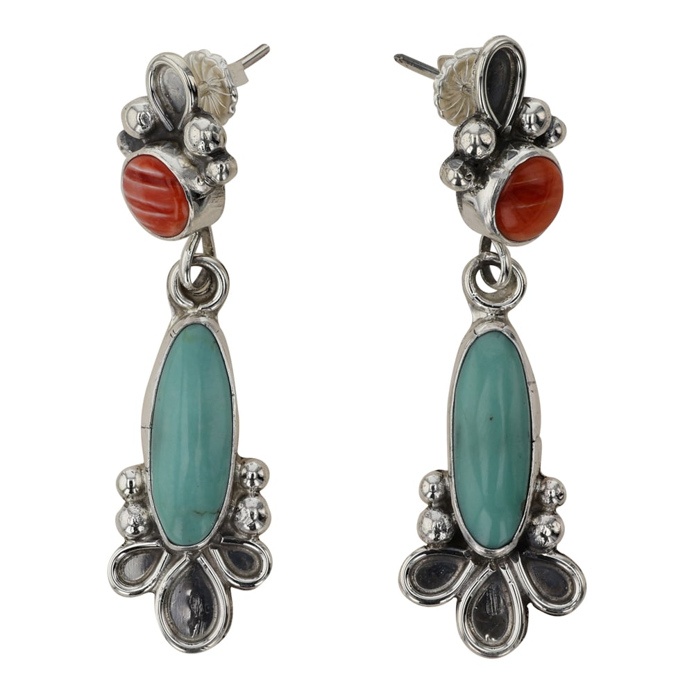 Ella Linkin Navajo Turquoise & Spiny Oyster Earrings: Sterling Silver | Genuine Turquoise & Spiny Oyster | Ella Linkin Navajo Turquoise & Spiny Oyster Earrings | Navajo Native American Southwest Indian Jewelry | Good (no breaks or damages) | Approximate