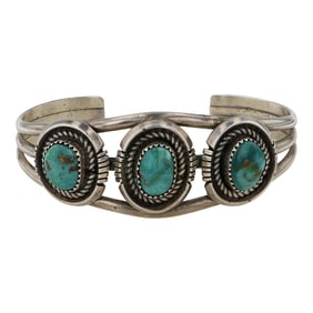 Ray Begay Navajo Fox Turquoise Three Stone Cuff Bracelet