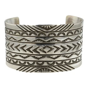 Rick Enriquez Navajo Plain Silver Stamp-Work Cuff Bracelet
