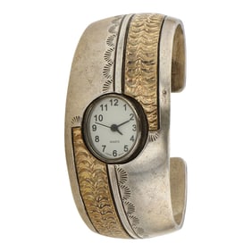 Wilbur Anderson Vintage Navajo Sterling Silver & Gold Filled Watch Cuff Bracelet