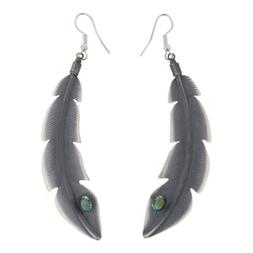 Billy Long Navajo Nevada Turquoise Feather Earrings