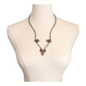 Vintage Navajo Turquoise & Coral V Necklace