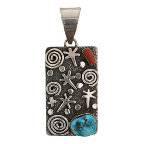 Alex Sanchez Navajo Turquoise & Coral Petroglyphs Pendant