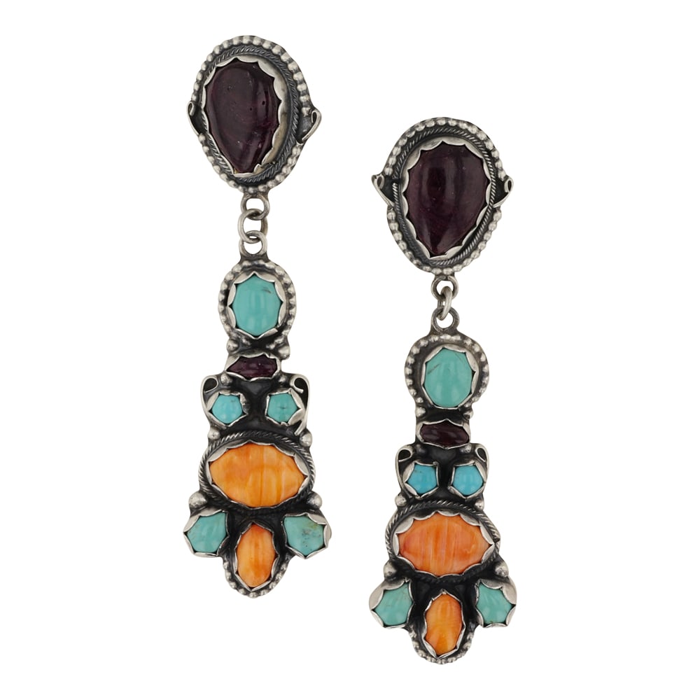 Lydia Begay Navajo Turquoise & Spiny Oyster Earrings: Sterling Silver | Genuine Turquoise & Spiny Oyster | Lydia Begay Navajo Turquoise & Spiny Oyster Earrings | Navajo Native American Southwest Indian Jewelry | Good (no breaks or damages) | Approximate 