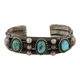 Vintage Navajo Nevada Turquoise Three Stone Cuff Bracelet