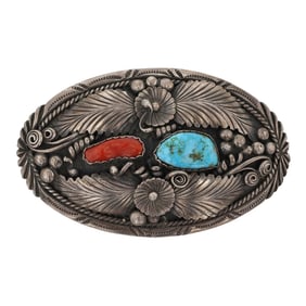 Fred James Vintage Navajo Turquoise & Coral Leaf work Belt Buckle