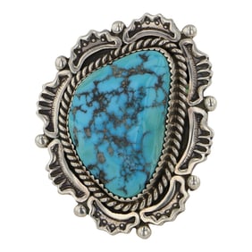 Harold Joe (1975-2025) Navajo Sleeping Beauty Turquoise Stamp-Work Detailed Ring