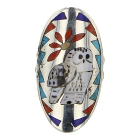 Quentin Quam Sr. Award Winning Zuni Turquoise Coral Mother of Pearl & Lapis Inlay Owl Ring