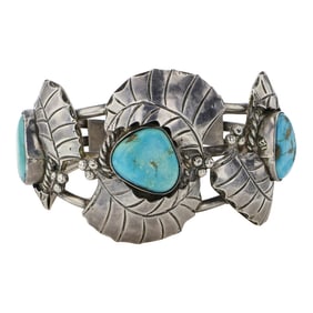 Vintage Navajo Nevada Turquoise Three Stone Cuff Bracelet