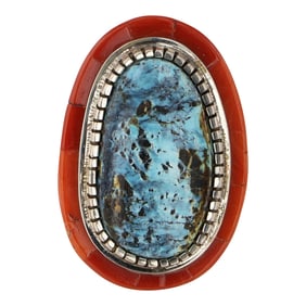Teddy Draper Award Winning Navajo Artist Blue Diamond Turquoise & Coral Ring