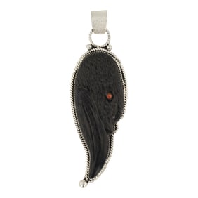 Nelson Yatsattie Zuni Acoma Jet & Mediterranean Coral Carved Crow Pendant