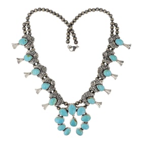 Lydia Begay Navajo Nevada Turquoise Squash Blossom Necklace