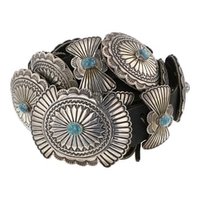 Navajo Kingman Turquoise Stamp-Work Concho Belt