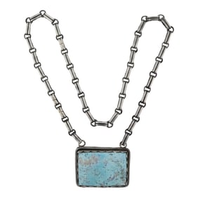Paul Livingston Navajo Kingman Turquoise Large Stamped Bezel Bar Necklace