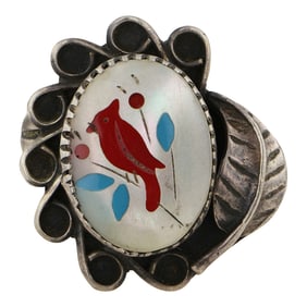 Vintage Zuni Turquoise Coral & Mother of Pearl Inlay Cardinal Ring