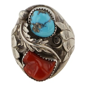 Vintage Navajo Turquoise & Coral Men's Ring