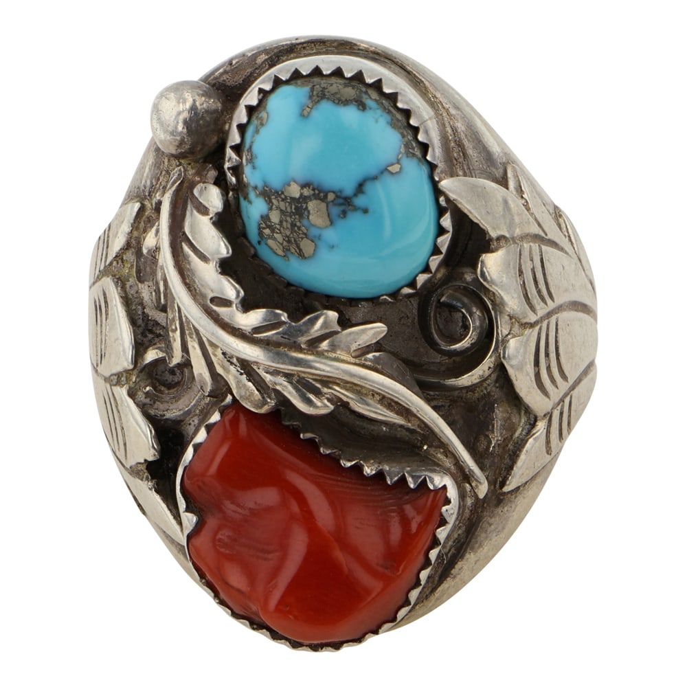 Vintage Navajo Turquoise & Coral Men's Ring (1 of 3)